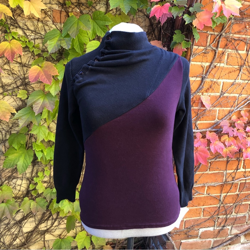Cotton Ruche Sweater Black Plum Purple Asymmetric Collar Button Upcycled…